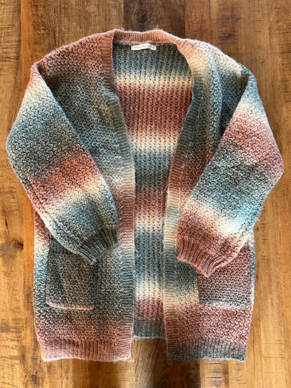 Altar'd State Striped Open-Front Cardigan in Rust, Teal & Cream